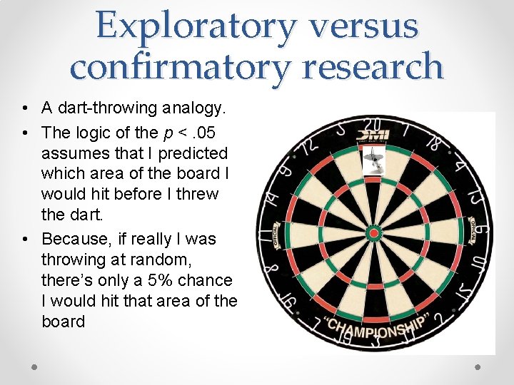 Exploratory versus confirmatory research • A dart-throwing analogy. • The logic of the p