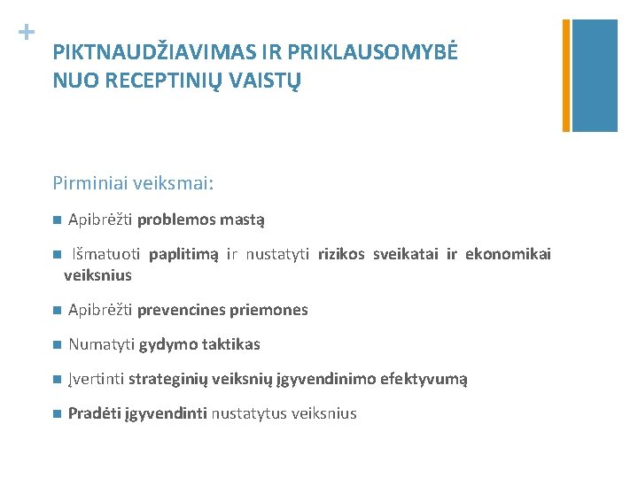 + PIKTNAUDŽIAVIMAS IR PRIKLAUSOMYBĖ NUO RECEPTINIŲ VAISTŲ Pirminiai veiksmai: n Apibrėžti problemos mastą n