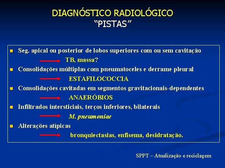 DIAGNÓSTICO RADIOLÓGICO “PISTAS” n n n Seg. apical ou posterior de lobos superiores com