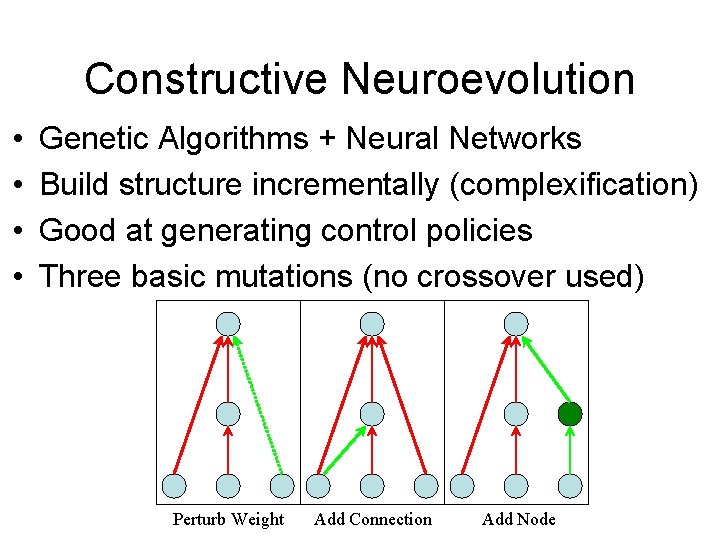 Constructive Neuroevolution • • Genetic Algorithms + Neural Networks Build structure incrementally (complexification) Good