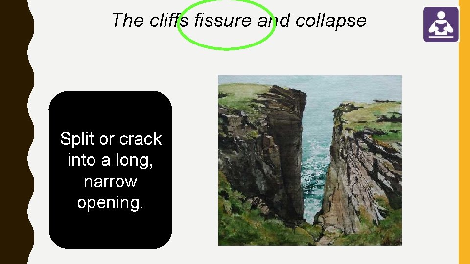 The cliffs fissure and collapse Split or crack into a long, narrow opening. 