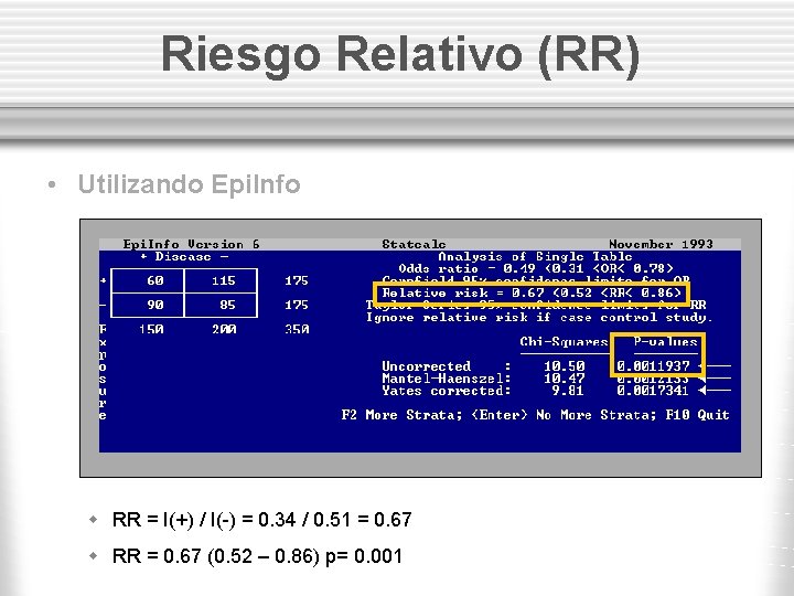 Riesgo Relativo (RR) • Utilizando Epi. Info w RR = I(+) / I(-) =
