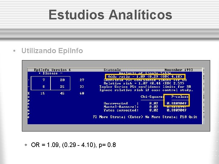Estudios Analíticos • Utilizando Epi. Info w OR = 1. 09, (0. 29 -