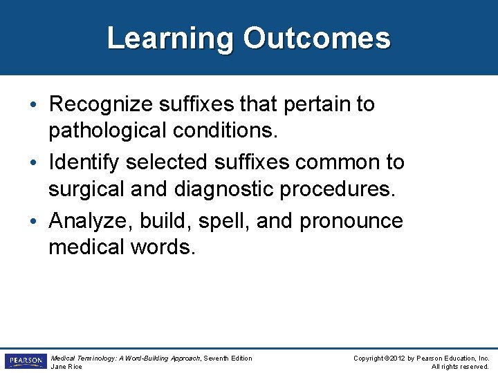 Learning Outcomes • Recognize suffixes that pertain to pathological conditions. • Identify selected suffixes Learning Outcomes • Recognize suffixes that pertain to pathological conditions. • Identify selected suffixes