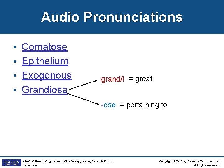 Audio Pronunciations • • Comatose Epithelium Exogenous Grandiose grand/i = great -ose = pertaining Audio Pronunciations • • Comatose Epithelium Exogenous Grandiose grand/i = great -ose = pertaining