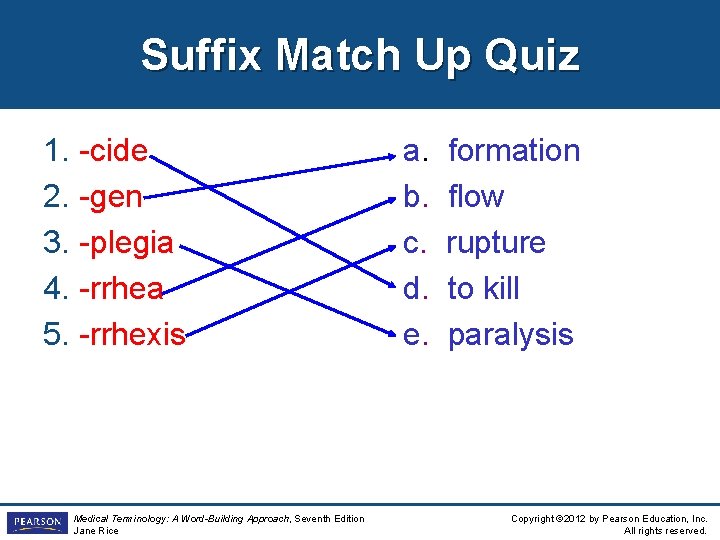 Suffix Match Up Quiz 1. -cide 2. -gen 3. -plegia 4. -rrhea 5. -rrhexis