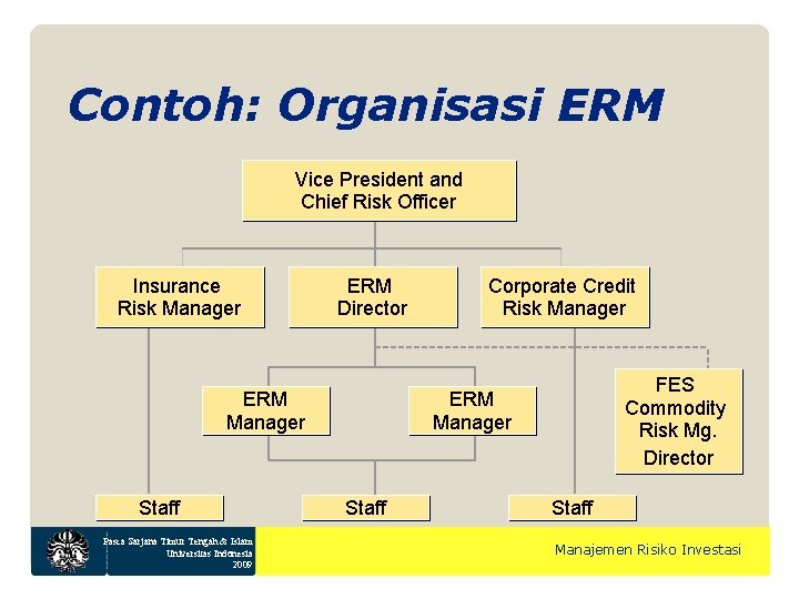 Contoh: Organisasi ERM Vice President and Chief Risk Officer Insurance Risk Manager ERM Director