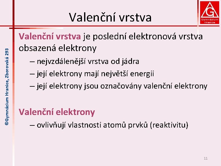 ©Gymnázium Hranice, Zborovská 293 Valenční vrstva je poslední elektronová vrstva obsazená elektrony – nejvzdálenější