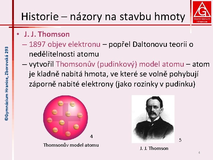 ©Gymnázium Hranice, Zborovská 293 Historie – názory na stavbu hmoty • J. J. Thomson