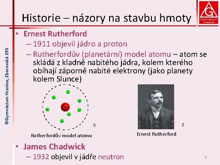 ©Gymnázium Hranice, Zborovská 293 Historie – názory na stavbu hmoty • Ernest Rutherford –
