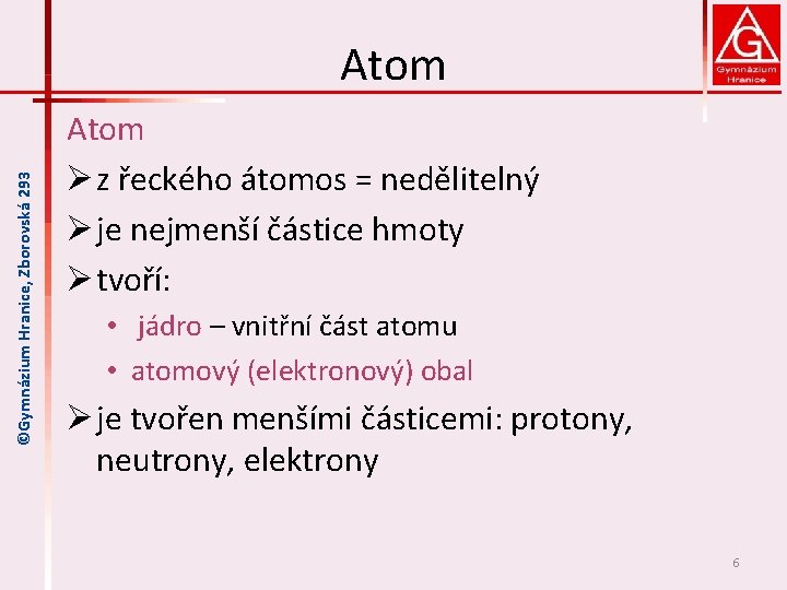 ©Gymnázium Hranice, Zborovská 293 Atom Ø z řeckého átomos = nedělitelný Ø je nejmenší
