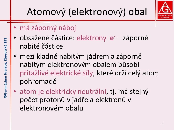 ©Gymnázium Hranice, Zborovská 293 Atomový (elektronový) obal • má záporný náboj • obsažené částice: