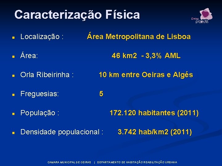 Caracterização Física n Localização : Área Metropolitana de Lisboa n Área: n Orla Ribeirinha