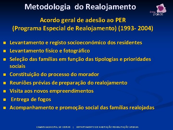 Metodologia do Realojamento Acordo geral de adesão ao PER (Programa Especial de Realojamento) (1993