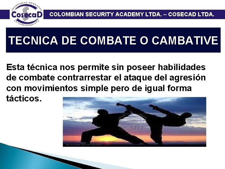  COLOMBIAN SECURITY ACADEMY LTDA. – COSECAD LTDA. TECNICA DE COMBATE O CAMBATIVE Esta