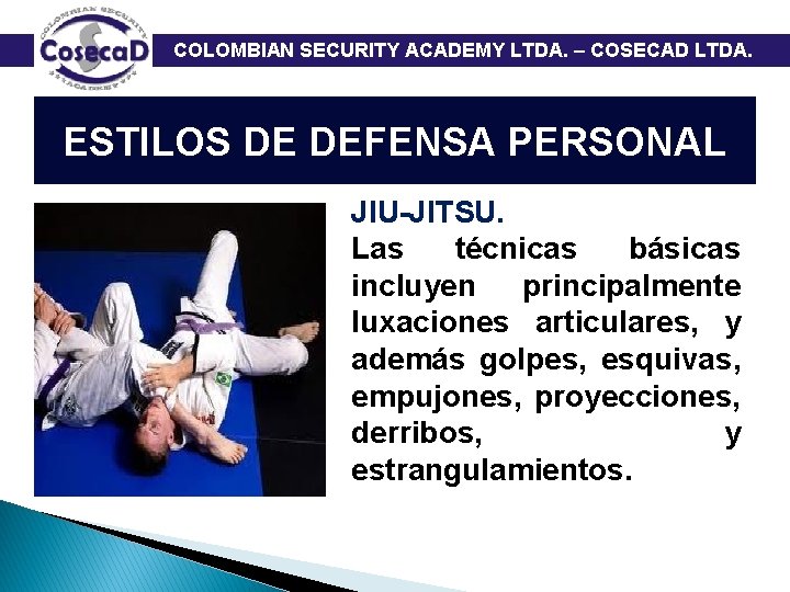  COLOMBIAN SECURITY ACADEMY LTDA. – COSECAD LTDA. ESTILOS DE DEFENSA PERSONAL JIU-JITSU. Las