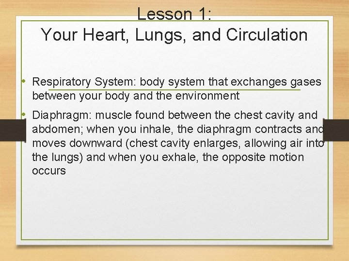 Lesson 1: Your Heart, Lungs, and Circulation • Respiratory System: body system that exchanges