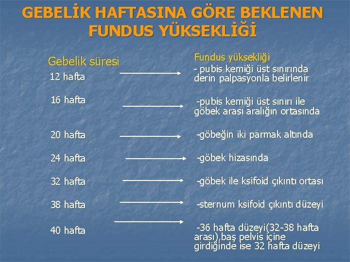 GEBELİK HAFTASINA GÖRE BEKLENEN FUNDUS YÜKSEKLİĞİ Gebelik süresi 12 hafta Fundus yüksekliği - pubis