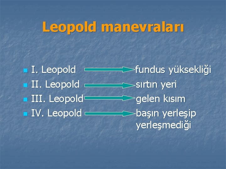 Leopold manevraları n n I. Leopold III. Leopold IV. Leopold fundus yüksekliği sırtın yeri