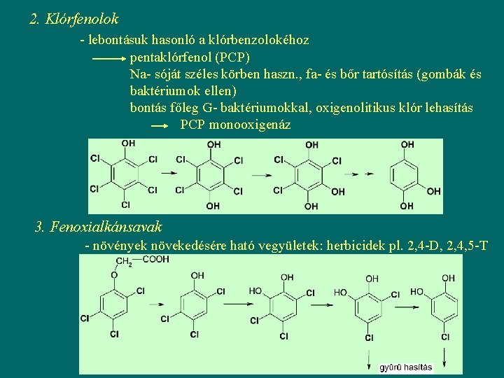 2. Klórfenolok - lebontásuk hasonló a klórbenzolokéhoz pentaklórfenol (PCP) Na- sóját széles körben haszn.