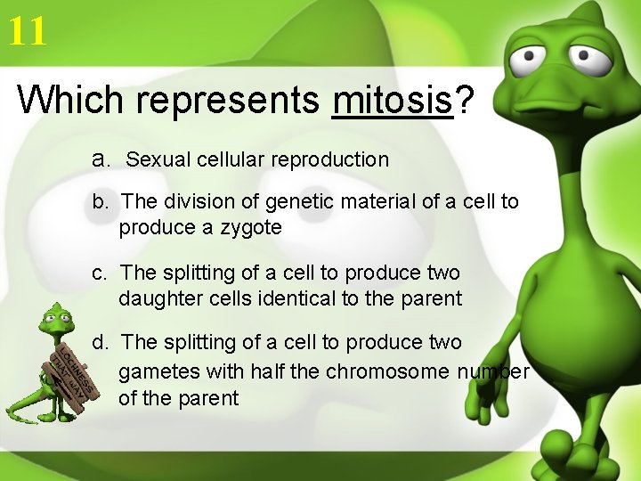 11 Which represents mitosis? a. Sexual cellular reproduction b. The division of genetic material