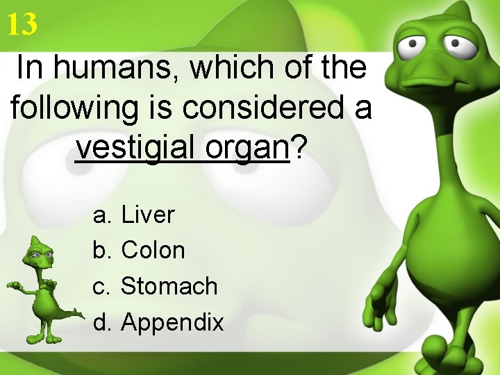 13 In humans, which of the following is considered a vestigial organ? a. Liver