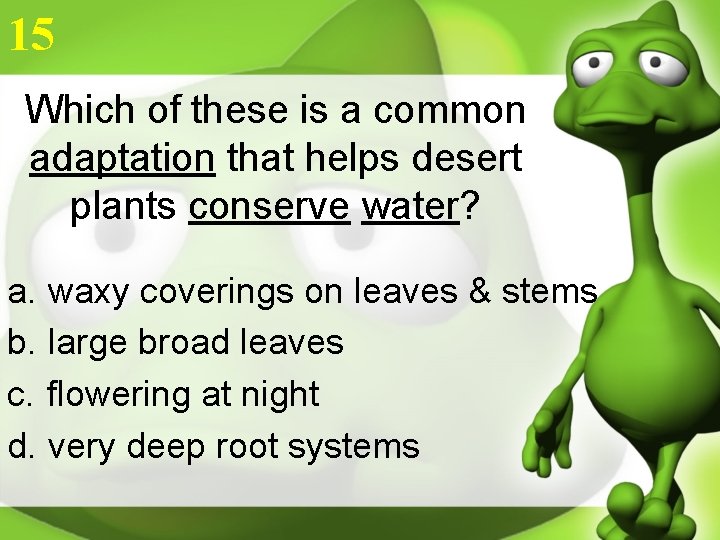 15 Which of these is a common adaptation that helps desert plants conserve water?