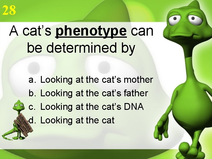 28 A cat’s phenotype can be determined by a. b. c. d. Looking at