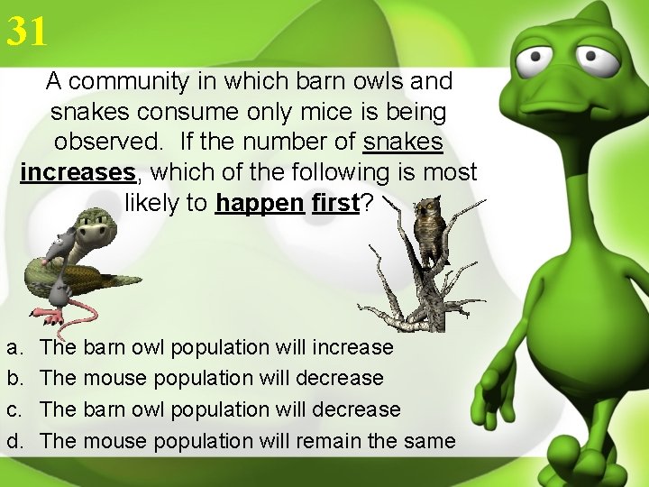 31 A community in which barn owls and snakes consume only mice is being
