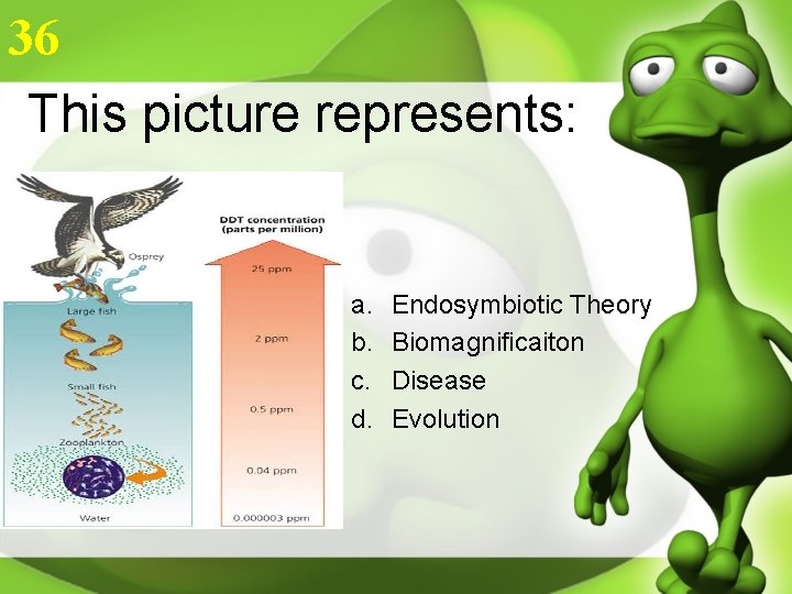 36 This picture represents: a. b. c. d. Endosymbiotic Theory Biomagnificaiton Disease Evolution 