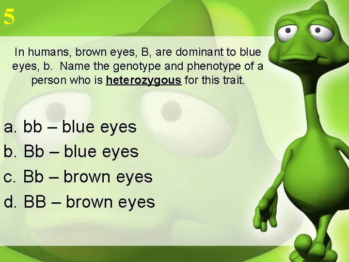 5 In humans, brown eyes, B, are dominant to blue eyes, b. Name the