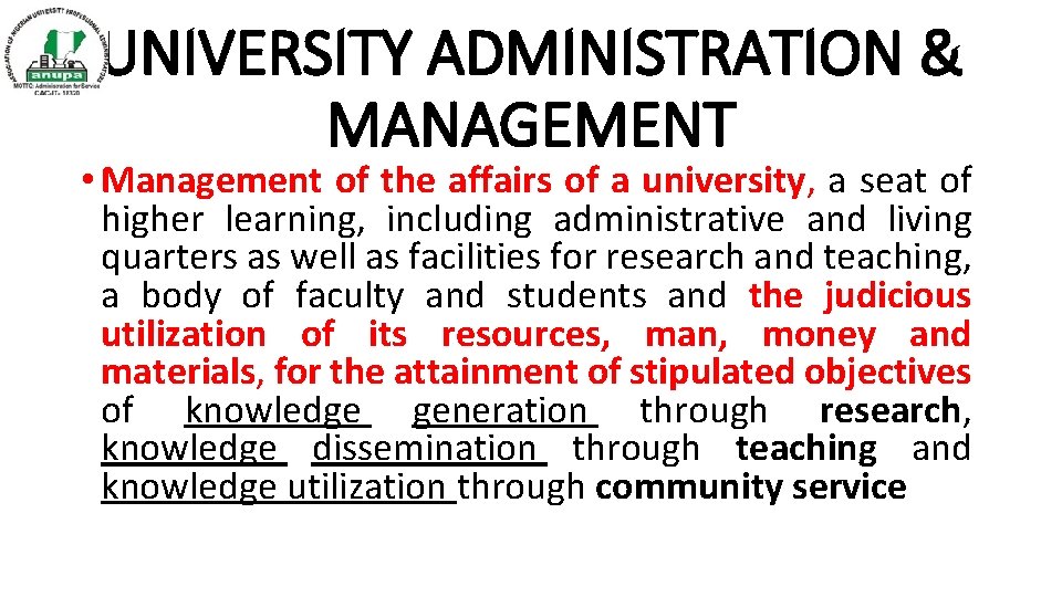 UNIVERSITY ADMINISTRATION & MANAGEMENT • Management of the affairs of a university, a seat