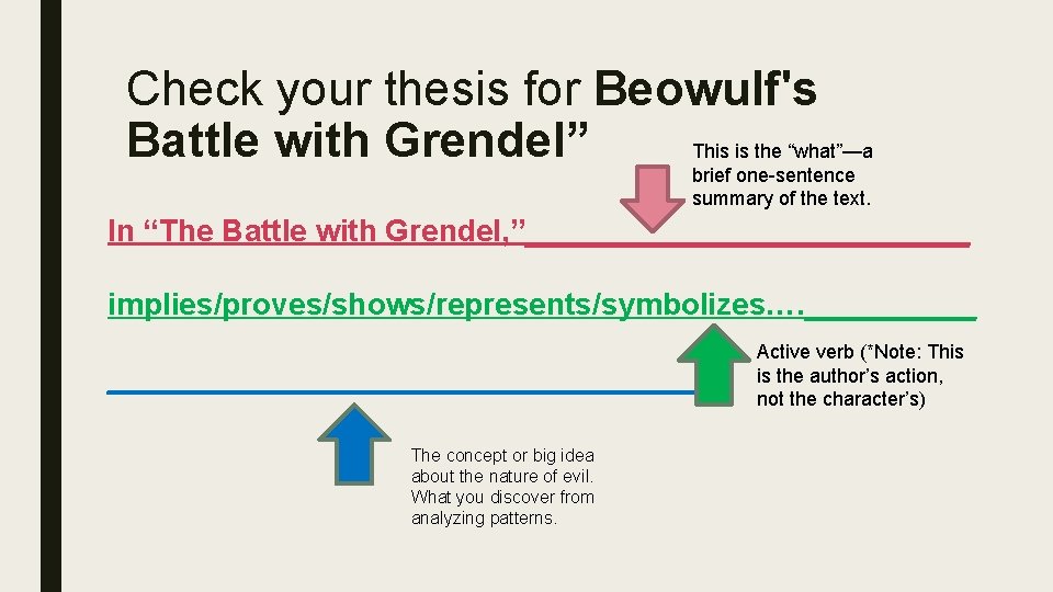 Check your thesis for Beowulf's Battle with Grendel” This is the “what”—a brief one-sentence Check your thesis for Beowulf's Battle with Grendel” This is the “what”—a brief one-sentence