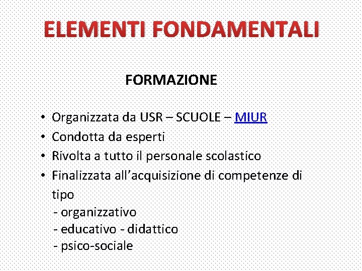 ELEMENTI FONDAMENTALI FORMAZIONE • • Organizzata da USR – SCUOLE – MIUR Condotta da