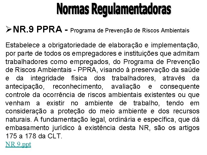 ØNR. 9 PPRA - Programa de Prevenção de Riscos Ambientais Estabelece a obrigatoriedade de