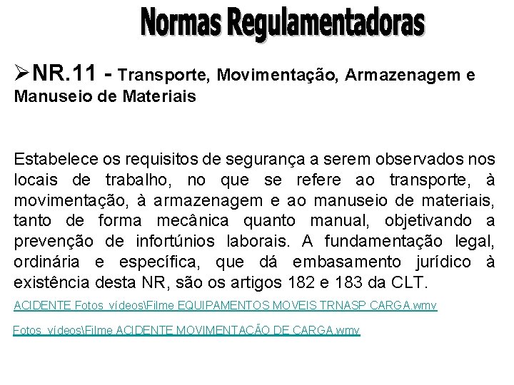 ØNR. 11 - Transporte, Movimentação, Armazenagem e Manuseio de Materiais Estabelece os requisitos de