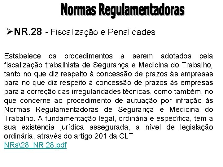 ØNR. 28 - Fiscalização e Penalidades Estabelece os procedimentos a serem adotados pela fiscalização