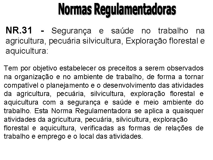 NR. 31 - Segurança e saúde no trabalho na agricultura, pecuária silvicultura, Exploração florestal