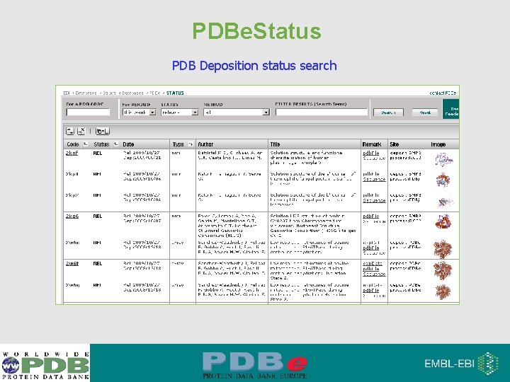 PDBe. Status PDB Deposition status search 