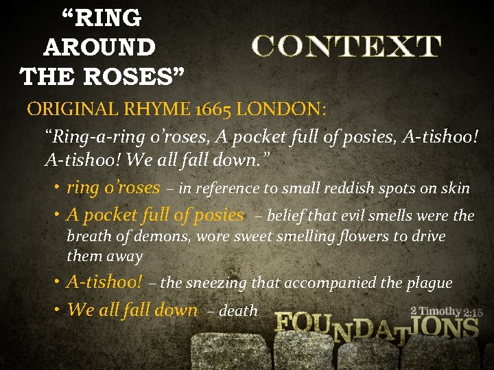 “RING AROUND THE ROSES” Context ORIGINAL RHYME 1665 LONDON: “Ring-a-ring o’roses, A pocket full