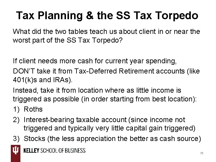Tax Planning & the SS Tax Torpedo What did the two tables teach us