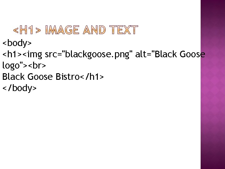 <body> <h 1><img src="blackgoose. png" alt="Black Goose logo"> Black Goose Bistro</h 1> </body> 