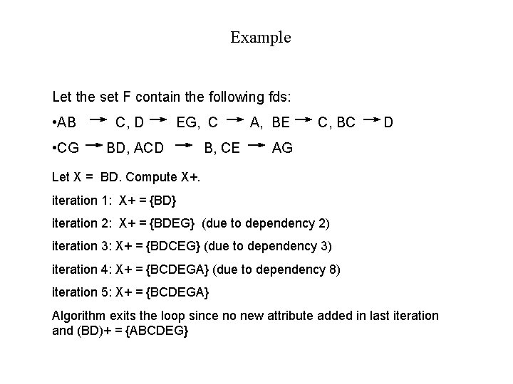 Example Let the set F contain the following fds: • AB • CG C, Example Let the set F contain the following fds: • AB • CG C,