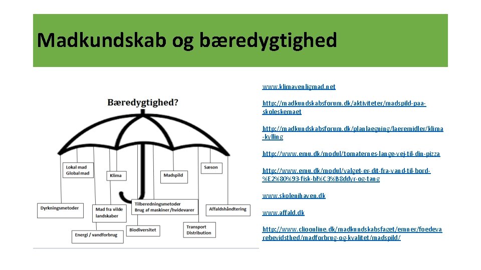 Madkundskab og bæredygtighed www. klimavenligmad. net http: //madkundskabsforum. dk/aktiviteter/madspild-paaskoleskemaet http: //madkundskabsforum. dk/planlaegning/laeremidler/klima -kylling http:
