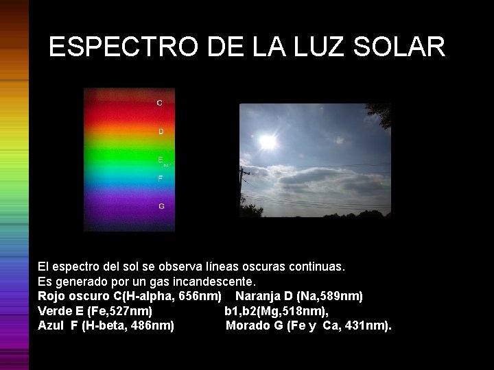 ESPECTRO DE LA LUZ SOLAR El espectro del sol se observa líneas oscuras continuas.