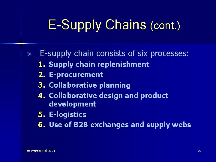 E-Supply Chains (cont. ) E-supply chain consists of six processes: 1. 2. 3. 4.