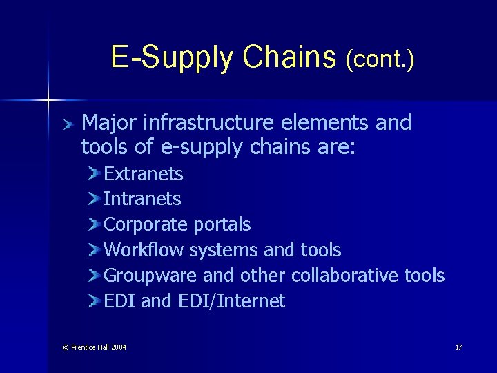 E-Supply Chains (cont. ) Major infrastructure elements and tools of e-supply chains are: Extranets