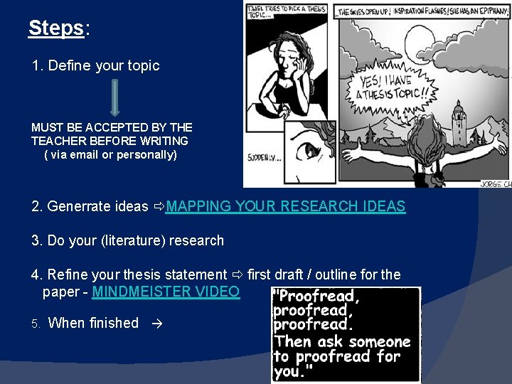 Steps: 1. Define your topic MUST BE ACCEPTED BY THE TEACHER BEFORE WRITING (