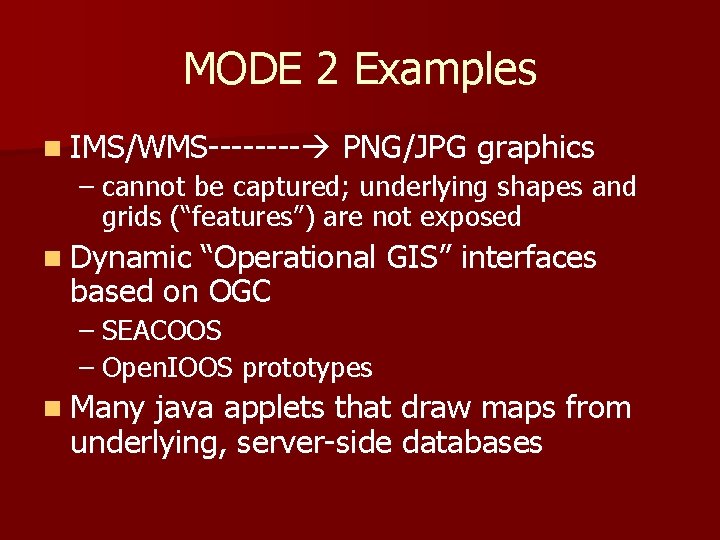 MODE 2 Examples n IMS/WMS---- PNG/JPG graphics – cannot be captured; underlying shapes and