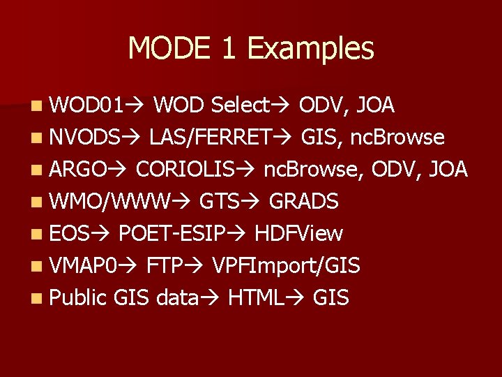 MODE 1 Examples n WOD 01 WOD Select ODV, JOA n NVODS LAS/FERRET GIS,